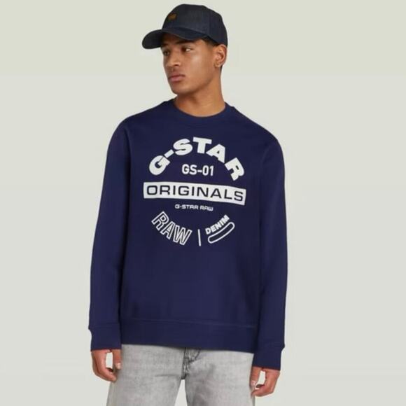 G-Star Raw Sweatshirt Mens Medium Blue Fleece Lined Original Logo Crewneck NEW - Picture 1 of 9